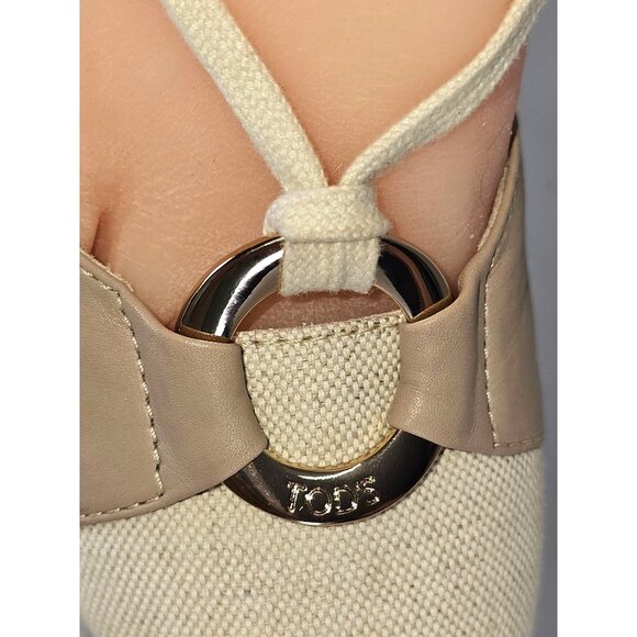 Tod’s Women's Beige Leather Cream Canvas Zeppa Lace Up Wedge Sandals Sz 7 274 - Picture 12 of 16